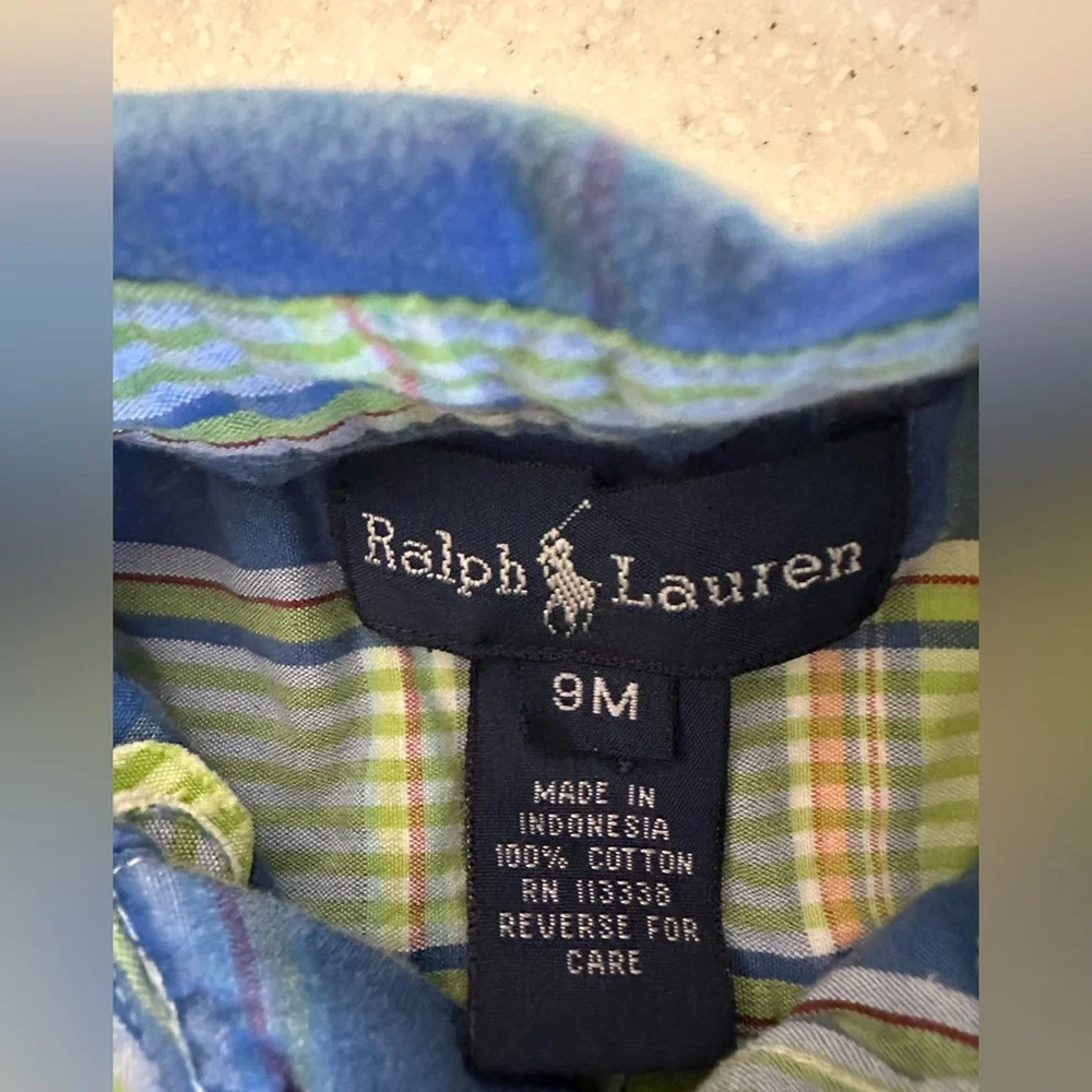 Ralph Lauren Blue & Green Plaid Button Down Shirt. Baby Boy Size 9M. Preppy Cute